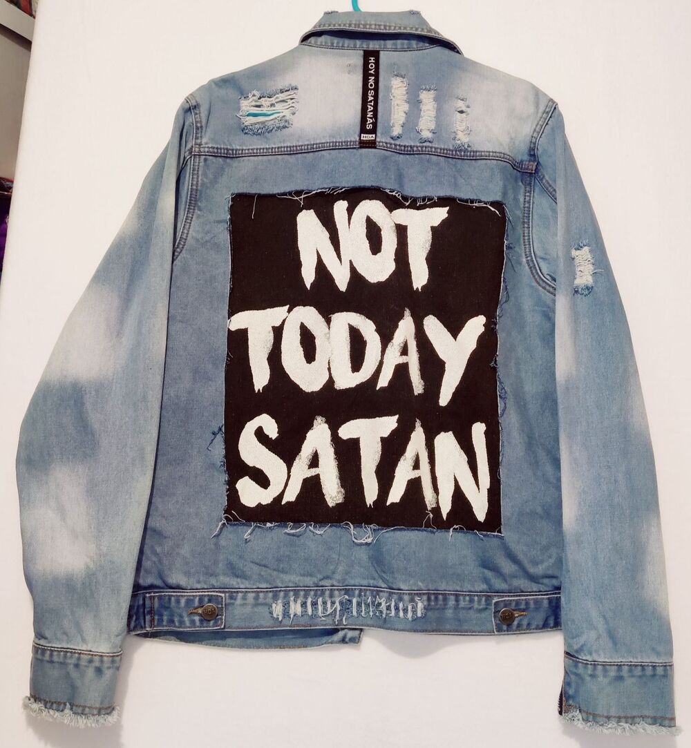 RARE HGA "NOT TODAY SATAN" Jean Jacket Size Large Zippered Sleeves Distressed
